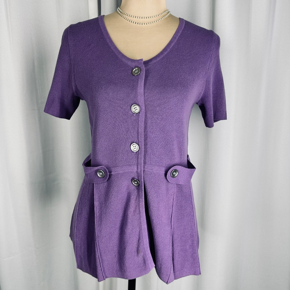 Chadwicks Purple Cotton Short Sleeve Knit Cardigan Sweater Womens S Pleated READ